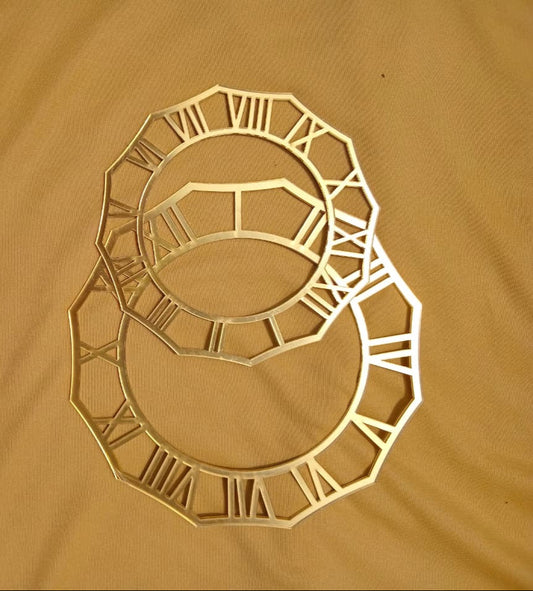 Decorative gold clock face with Roman numerals on a beige background